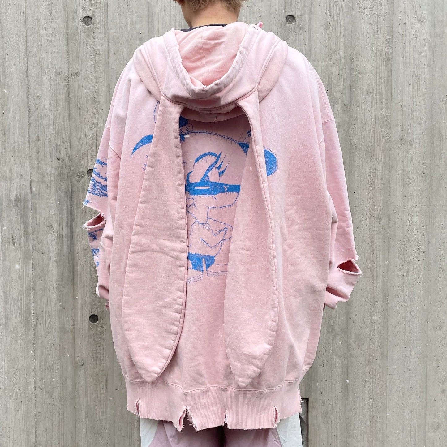 DESTROYED BUNNY HOODIE BIOSTONE WASHED DAMAGE STAIN PROCESSED / PINK / うさ耳フーディー