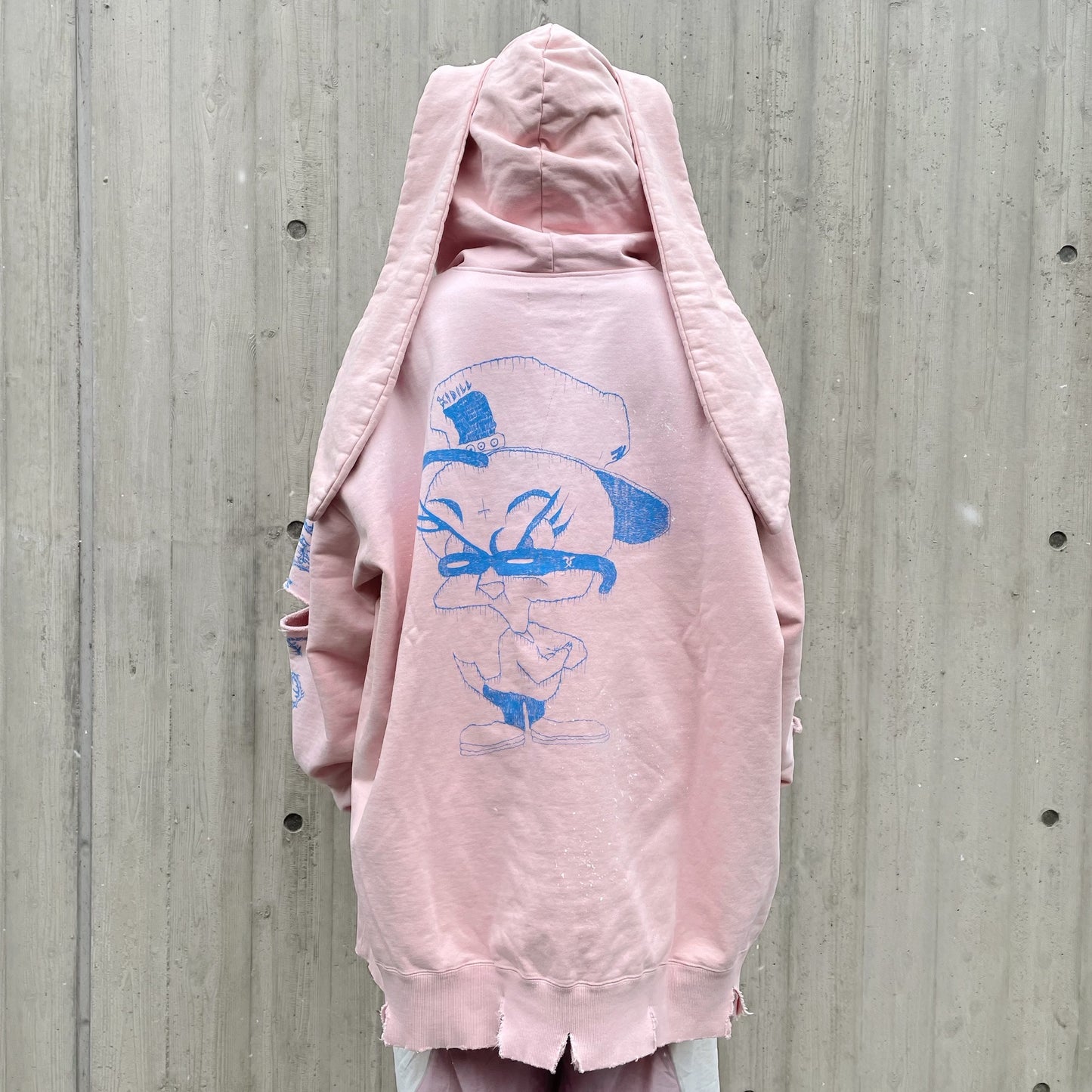 DESTROYED BUNNY HOODIE BIOSTONE WASHED DAMAGE STAIN PROCESSED / PINK / うさ耳フーディー
