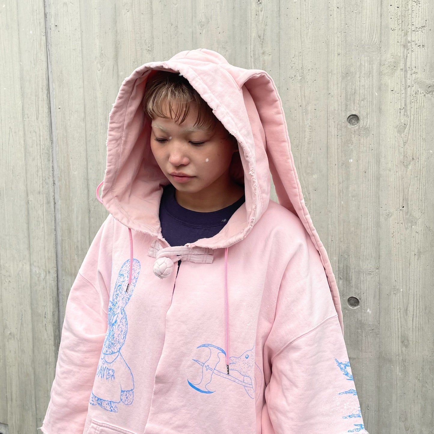 DESTROYED BUNNY HOODIE BIOSTONE WASHED DAMAGE STAIN PROCESSED / PINK / うさ耳フーディー