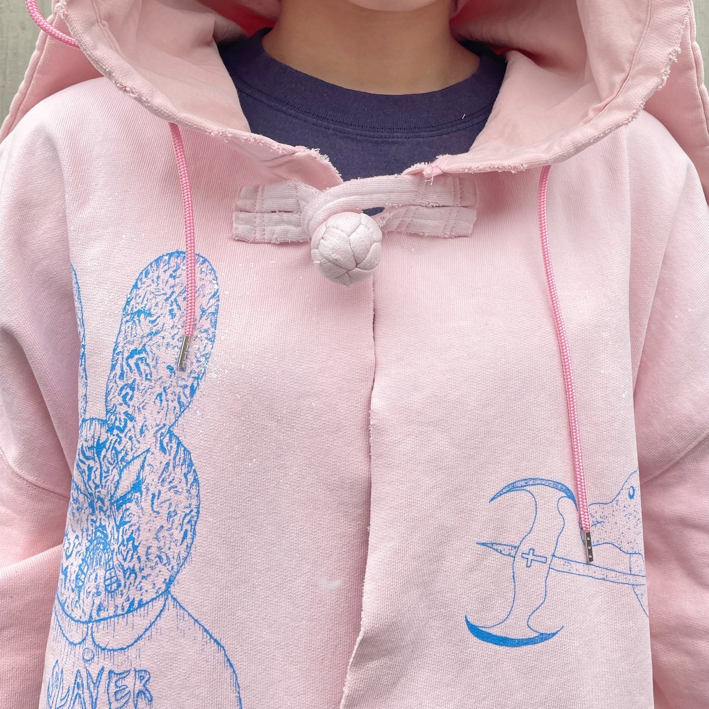 DESTROYED BUNNY HOODIE BIOSTONE WASHED DAMAGE STAIN PROCESSED / PINK / うさ耳フーディー