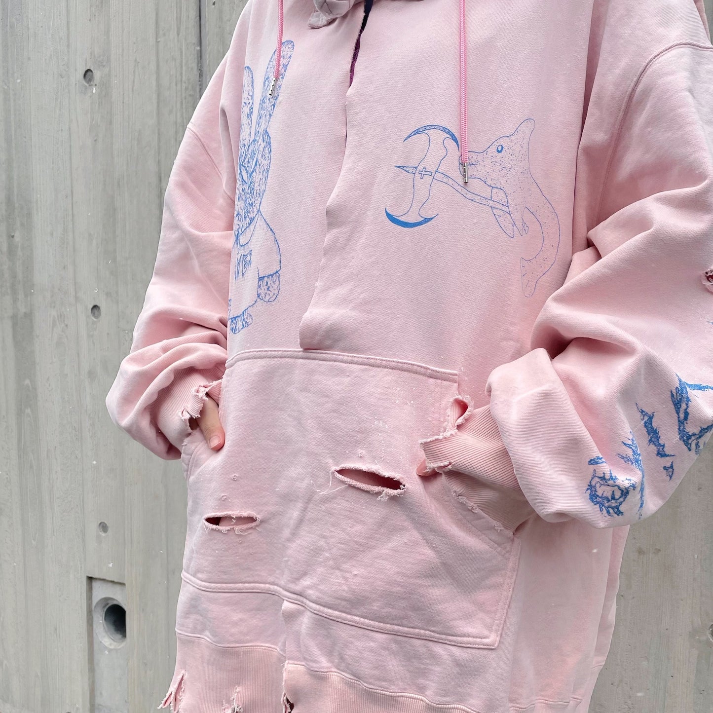 DESTROYED BUNNY HOODIE BIOSTONE WASHED DAMAGE STAIN PROCESSED / PINK / うさ耳フーディー