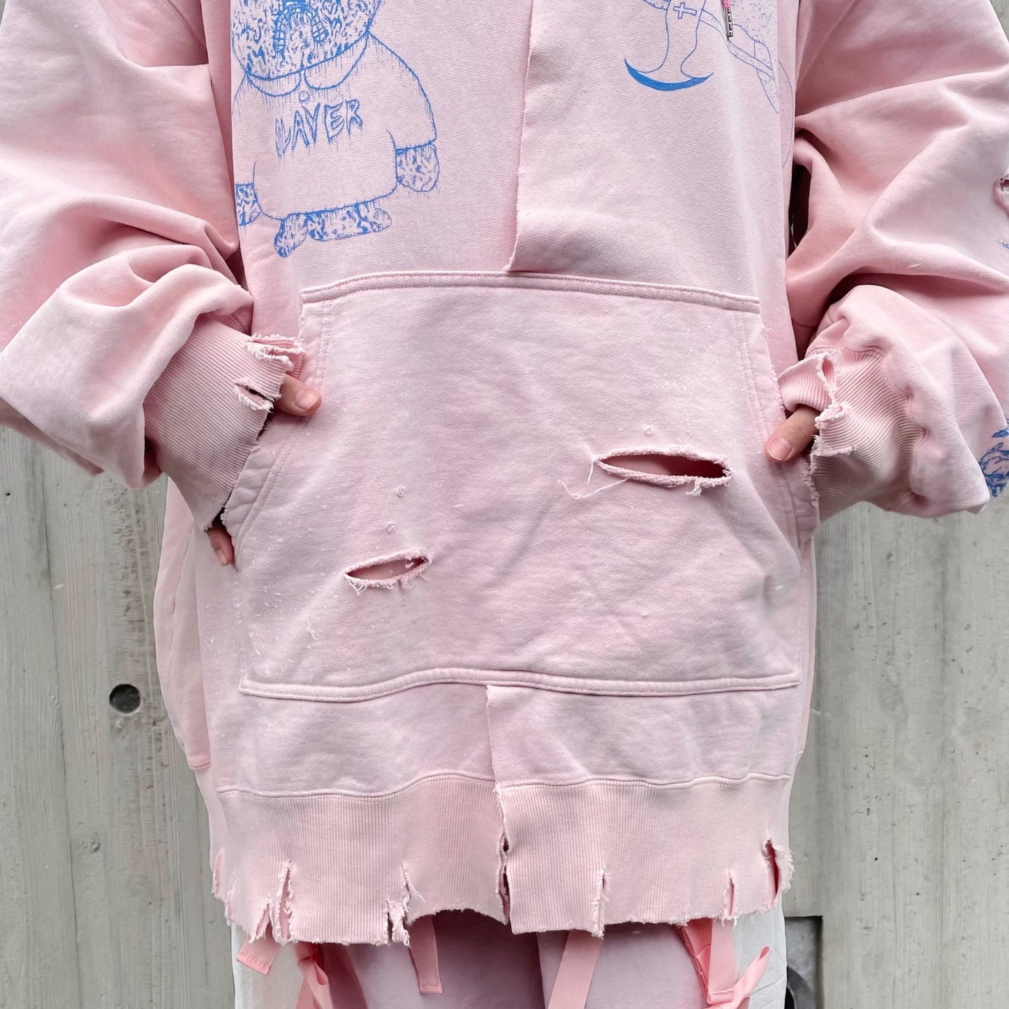 DESTROYED BUNNY HOODIE BIOSTONE WASHED DAMAGE STAIN PROCESSED / PINK / うさ耳フーディー