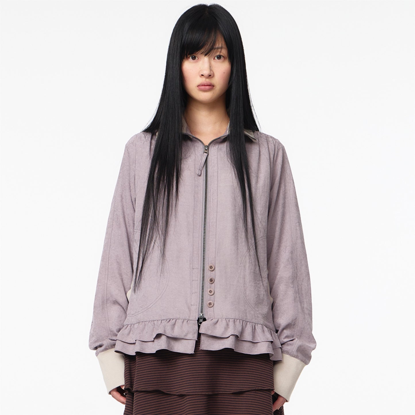 TONE-MIX SHIRRING HEM JACKET / ASH PINK / シャーリングジャケット
