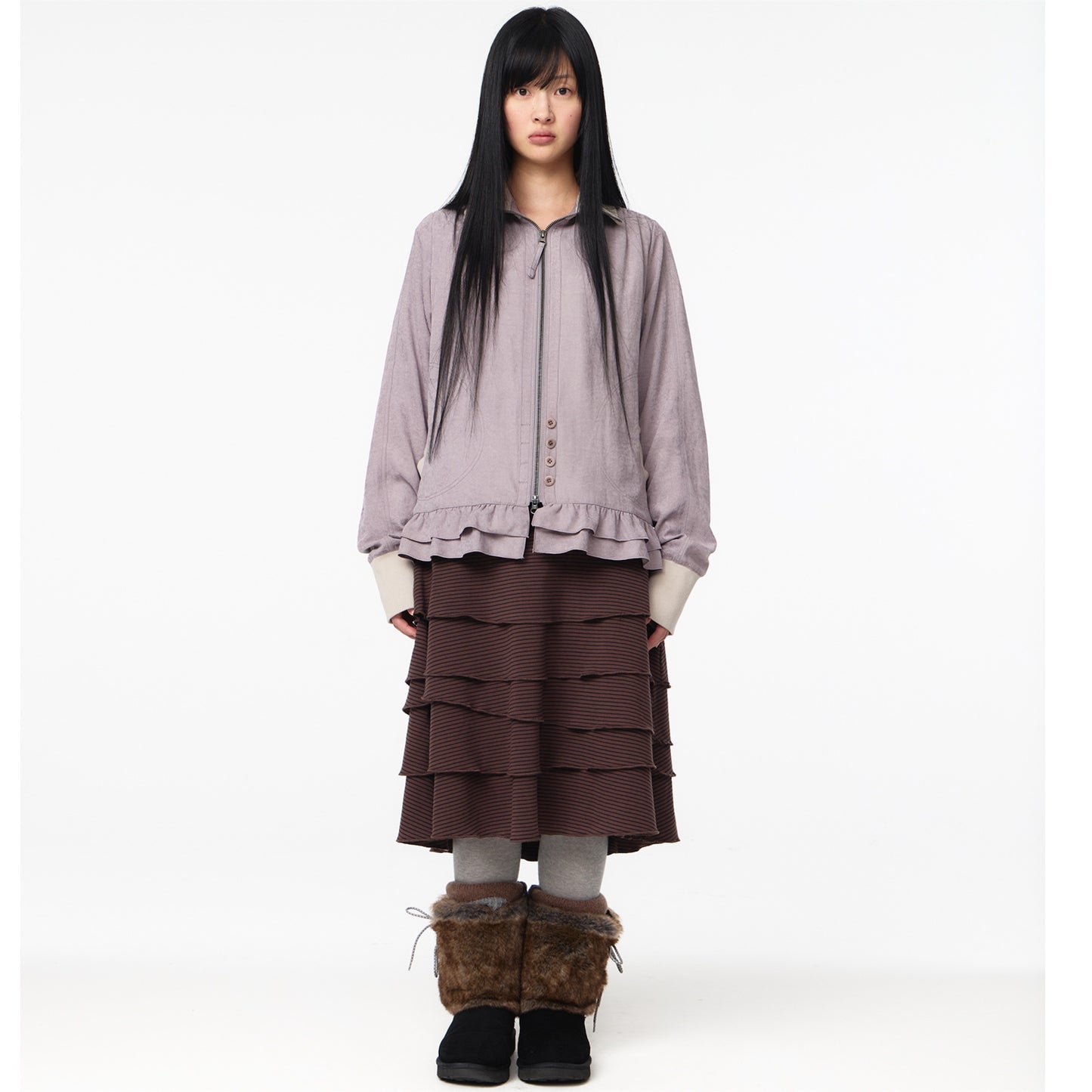 TONE-MIX SHIRRING HEM JACKET / ASH PINK / シャーリングジャケット