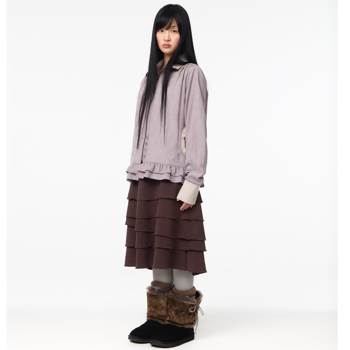 TONE-MIX SHIRRING HEM JACKET / ASH PINK / シャーリングジャケット