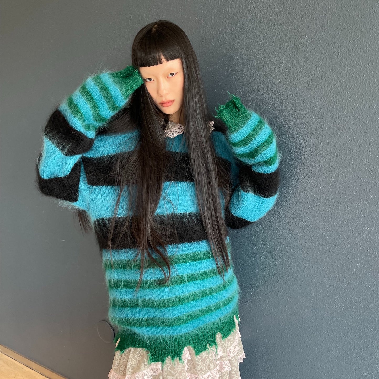 MOHAIR BORDER KNIT / BLACK × SKY BLUE × GREEN / モヘアボーダーニット | シープ / SHEEP |  KIDILL