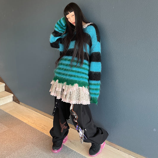 MOHAIR BORDER KNIT / BLACK × SKY BLUE × GREEN / モヘアボーダーニット