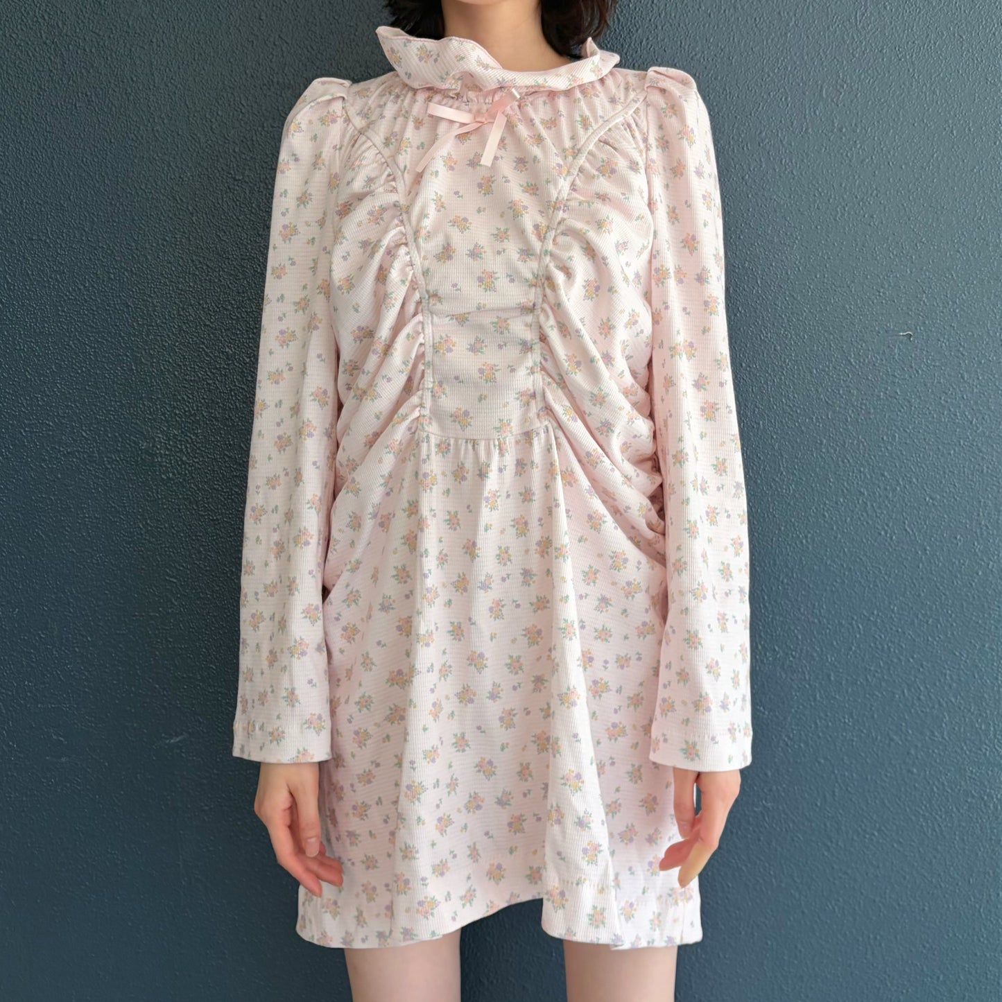 LITTLE NANA'S DRESS / PINK / フラワーパターンギャザーミニドレス