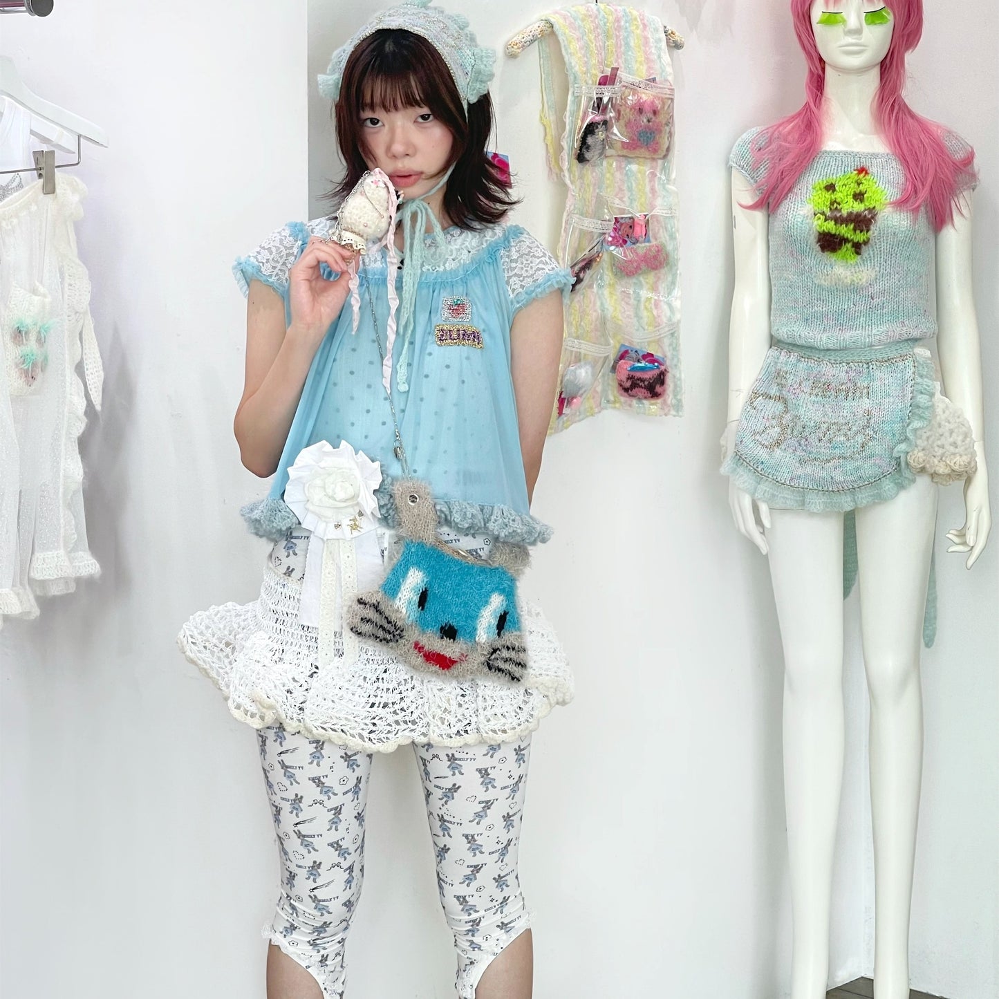 Little bunnies long leggings / Blue / リトルバニーパターンレギンス
