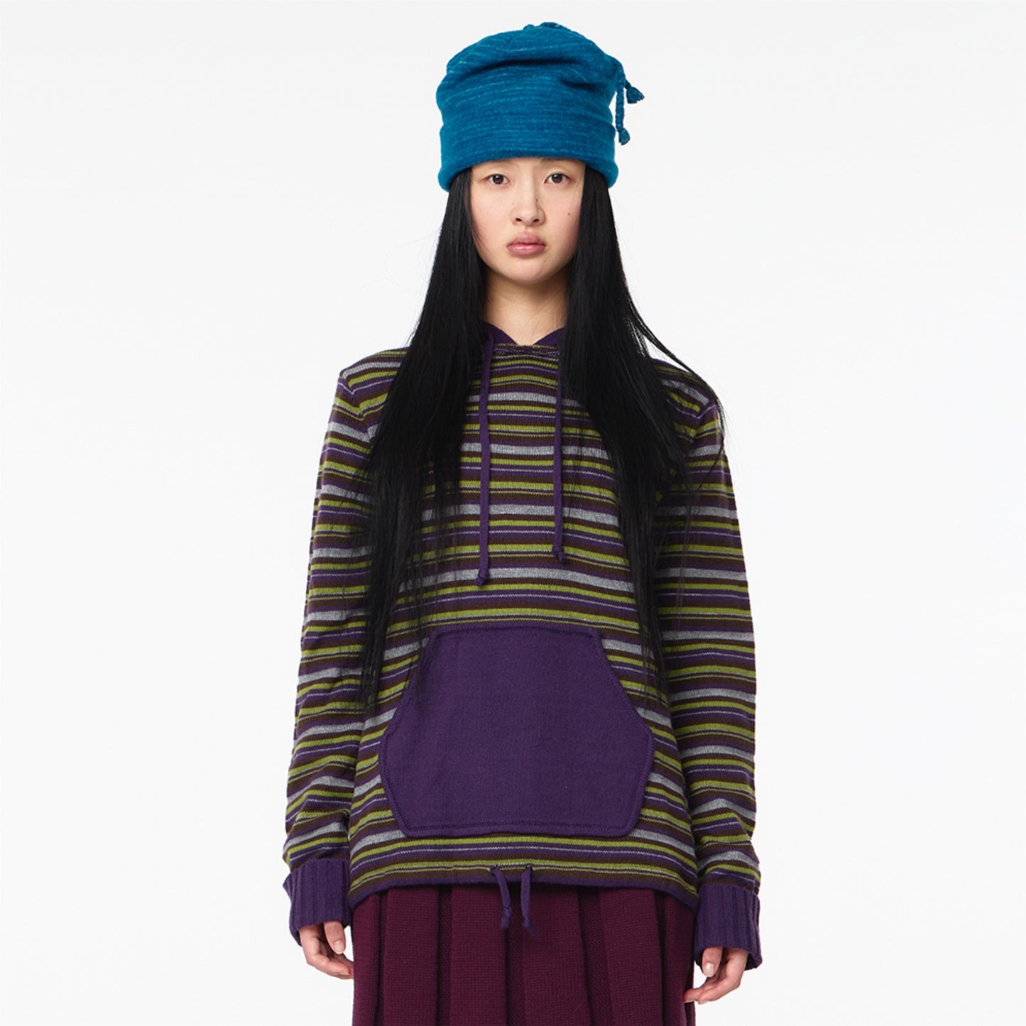 STRIPE KNIT HOODIE / PURPLE / ストライプニットフーディー