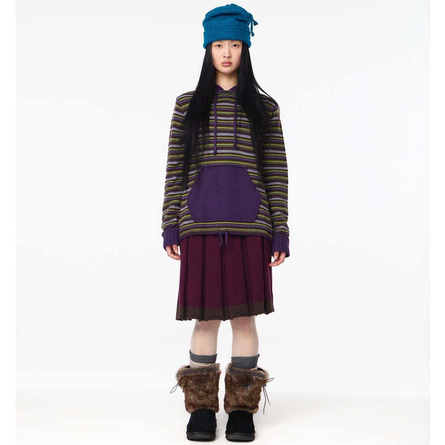 STRIPE KNIT HOODIE / PURPLE / ストライプニットフーディー