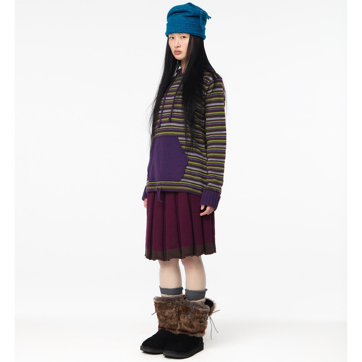 STRIPE KNIT HOODIE / PURPLE / ストライプニットフーディー