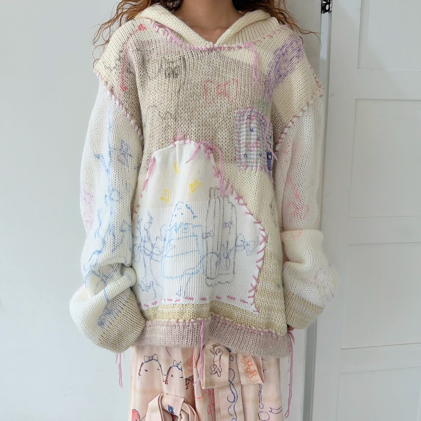 【Collabolation mimi-chan】 Mimi knit hoodie / Ivory / ドローイングニット