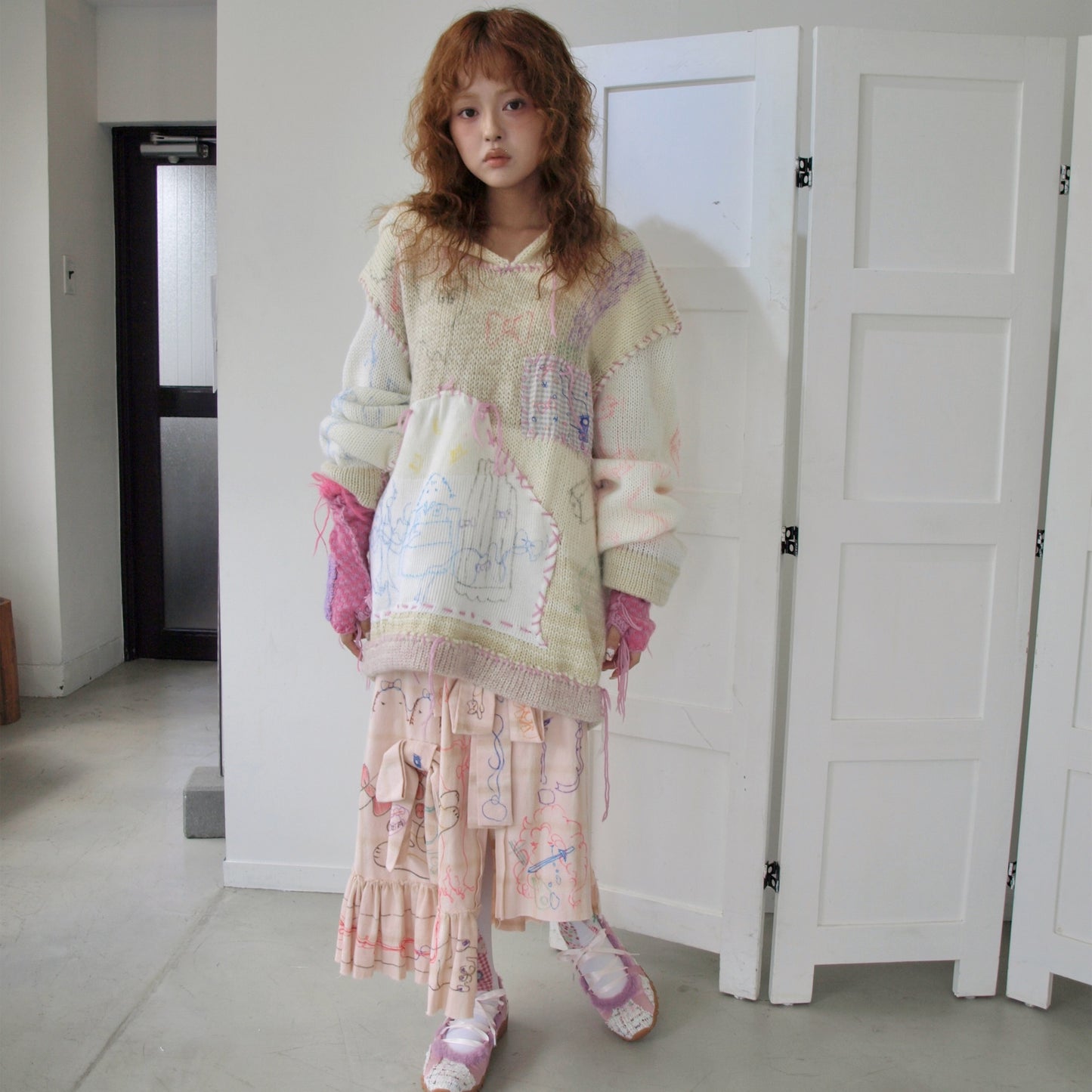 【Collabolation mimi-chan】 Mimi knit hoodie / Ivory / ドローイングニット