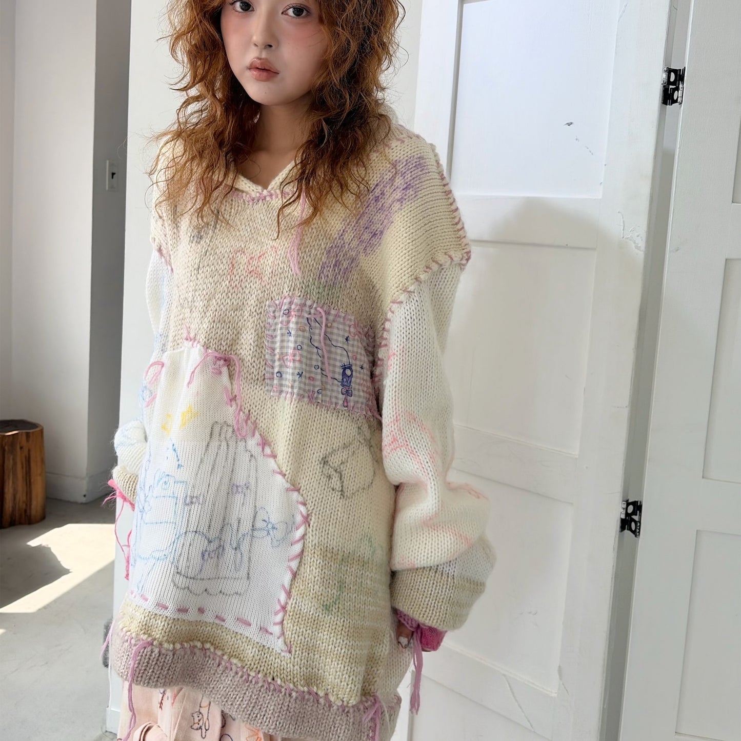 【Collabolation mimi-chan】 Mimi knit hoodie / Ivory / ドローイングニット