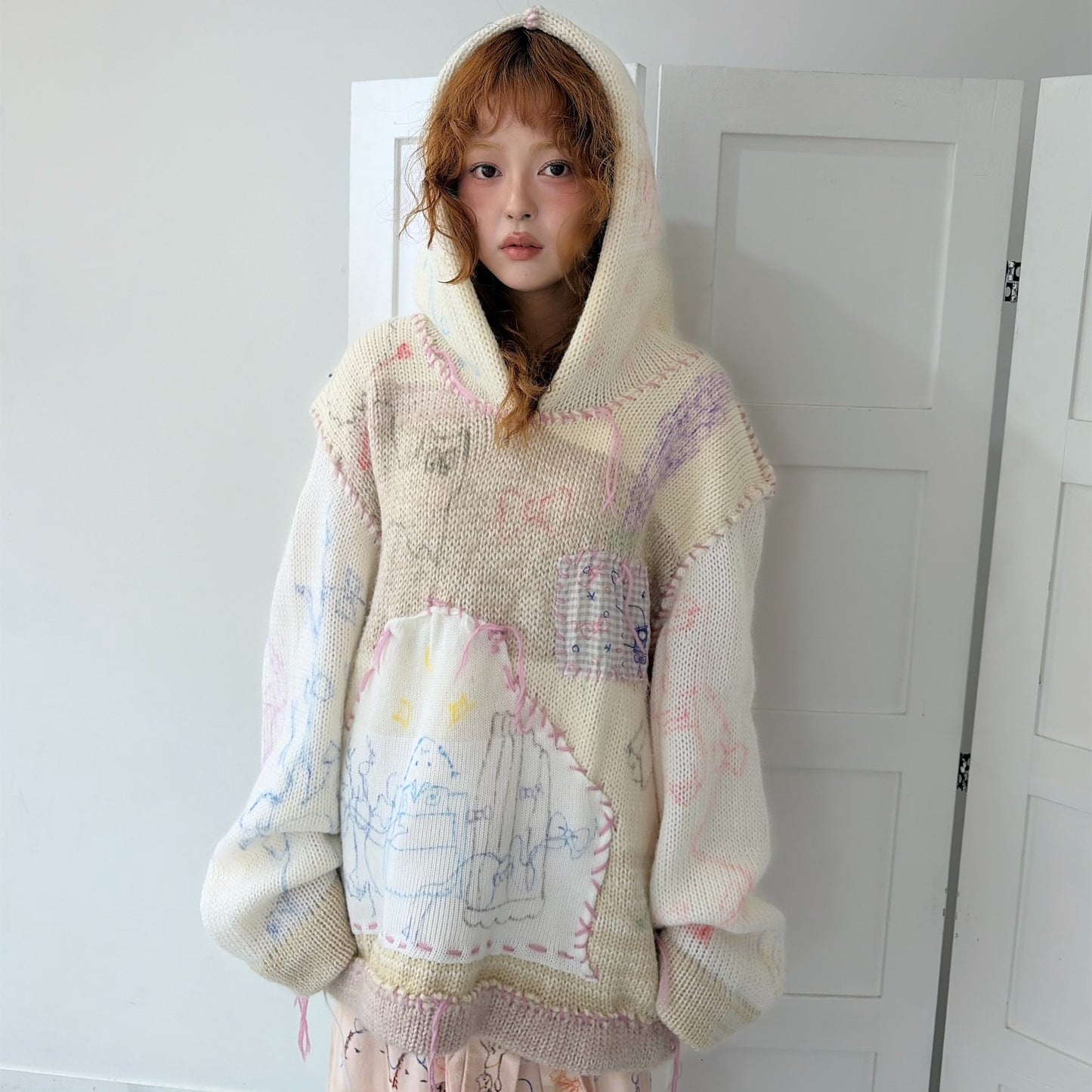 【Collabolation mimi-chan】 Mimi knit hoodie / Ivory / ドローイングニット
