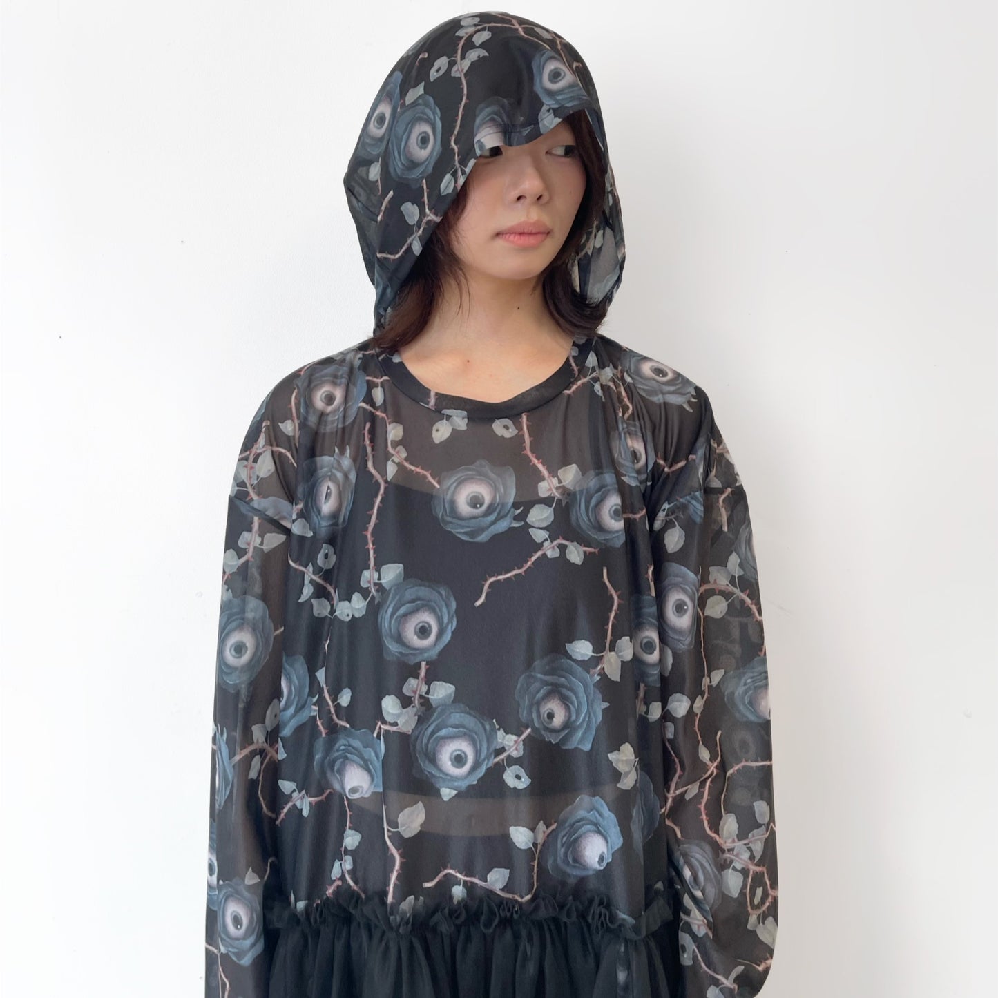 SYMBIOSIS LONG  SLEEVE SHEER DRESS ARTWORK BY TREVOR BROWN / BLACK / フード付きシアードレス