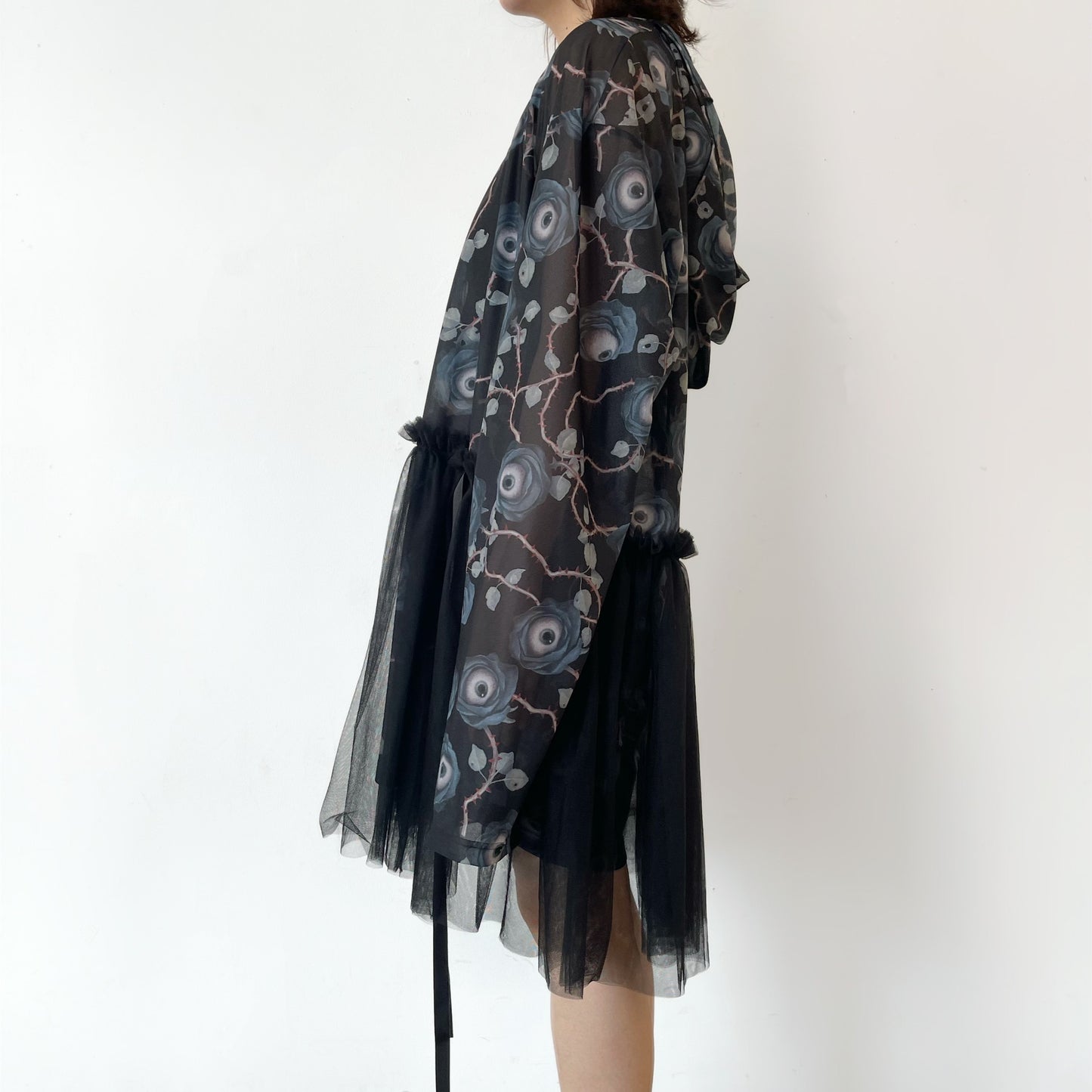 SYMBIOSIS LONG  SLEEVE SHEER DRESS ARTWORK BY TREVOR BROWN / BLACK / フード付きシアードレス