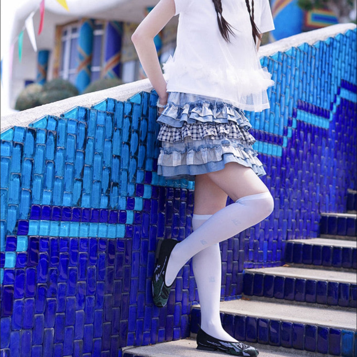 Web Knee Socks / Blue / グラフィックソックス
