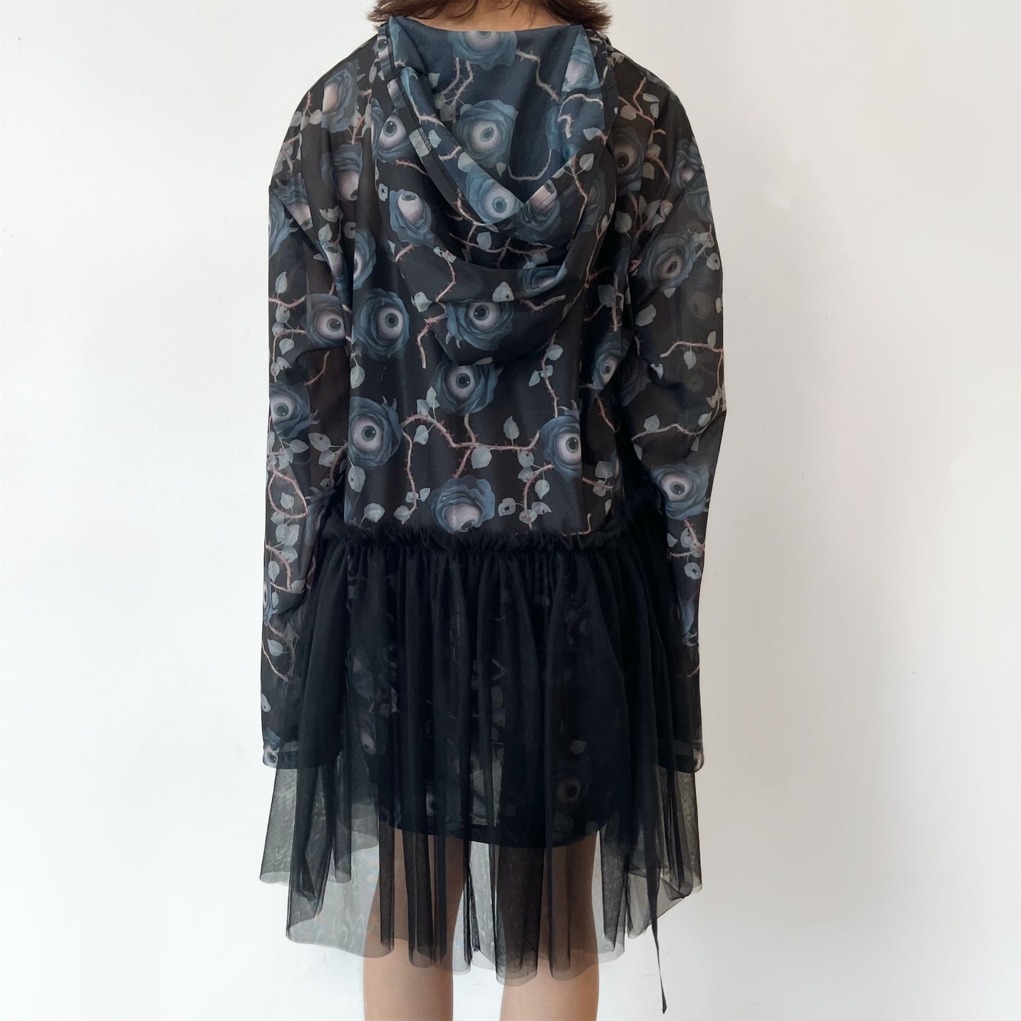 SYMBIOSIS LONG  SLEEVE SHEER DRESS ARTWORK BY TREVOR BROWN / BLACK / フード付きシアードレス