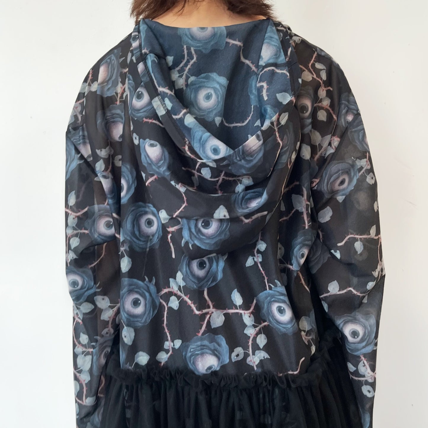 SYMBIOSIS LONG  SLEEVE SHEER DRESS ARTWORK BY TREVOR BROWN / BLACK / フード付きシアードレス