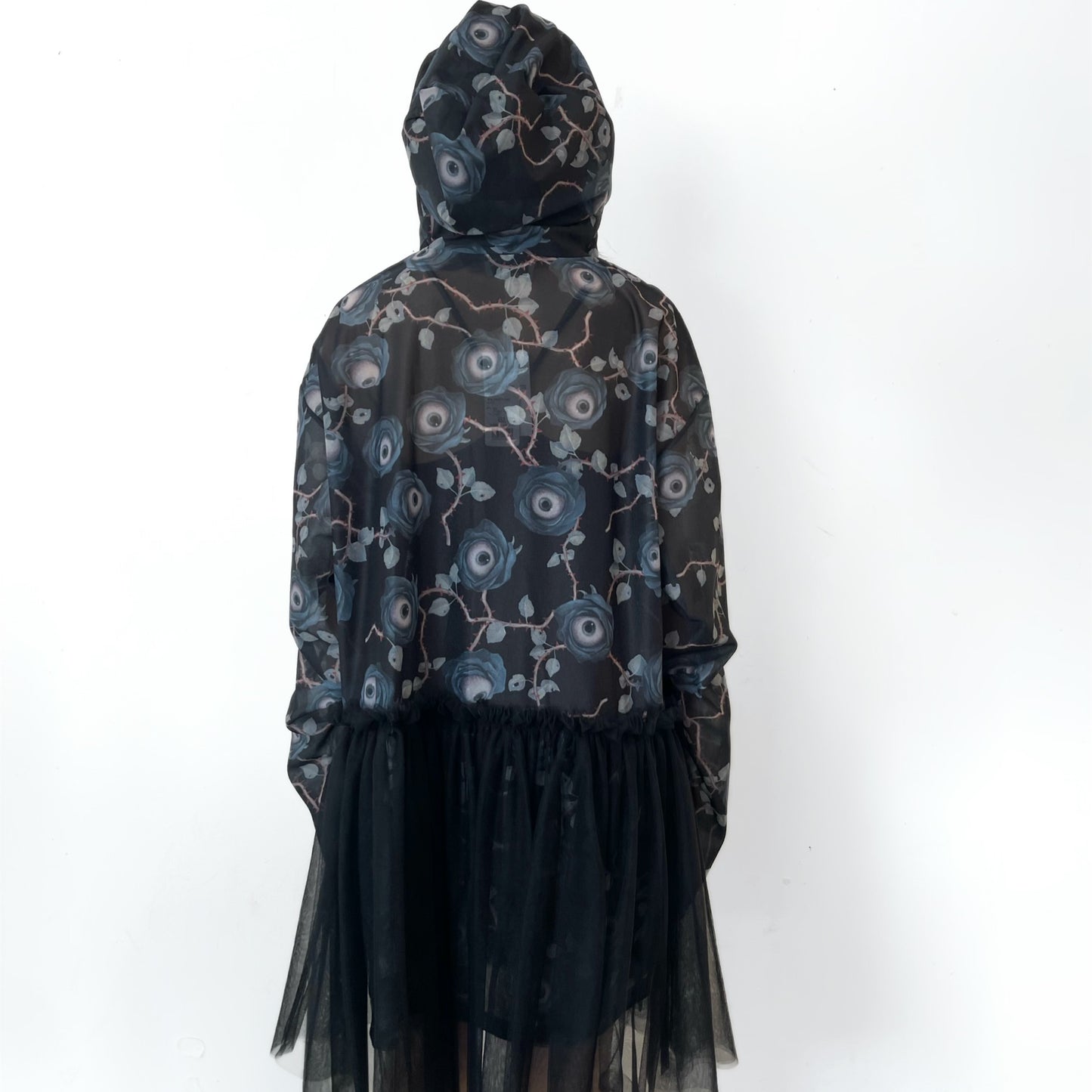 SYMBIOSIS LONG  SLEEVE SHEER DRESS ARTWORK BY TREVOR BROWN / BLACK / フード付きシアードレス