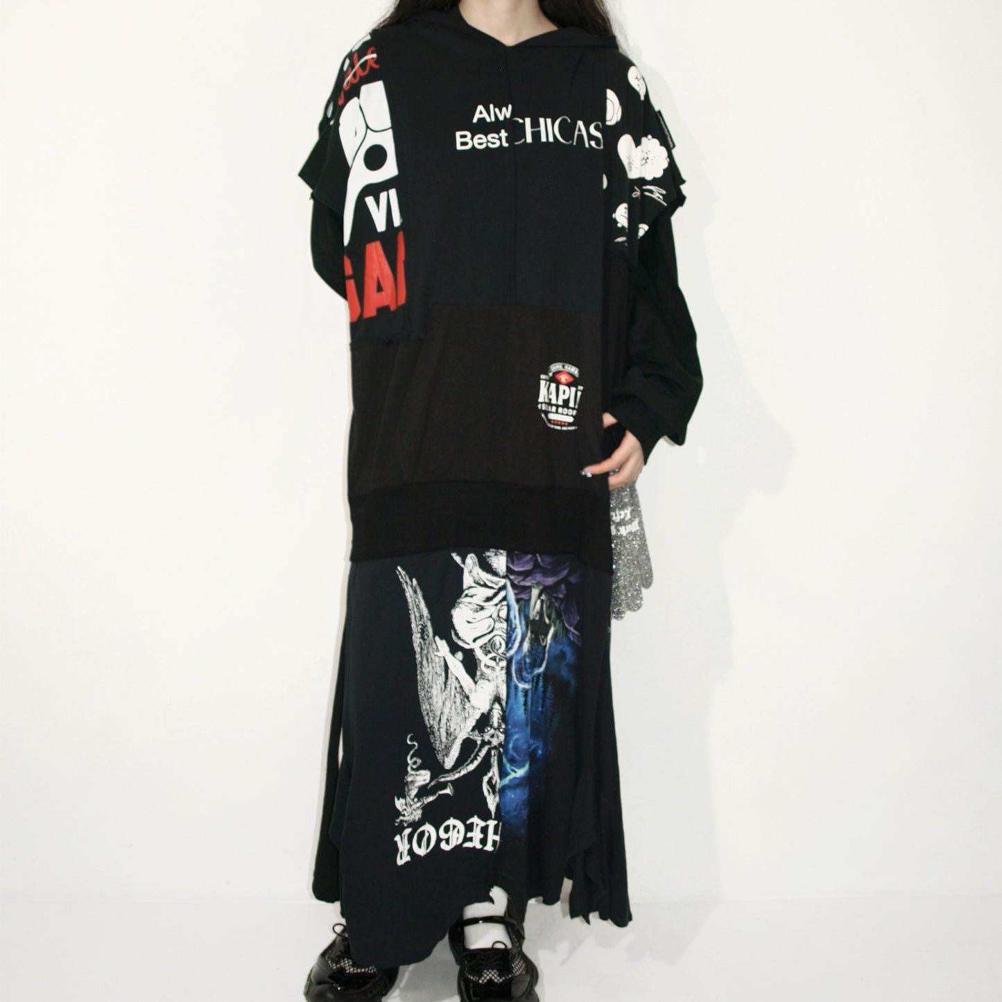 GLOVE-TROTTING RECONSTRUCTED DRESS / BLACK / Tシャツ構築レイヤードドレス