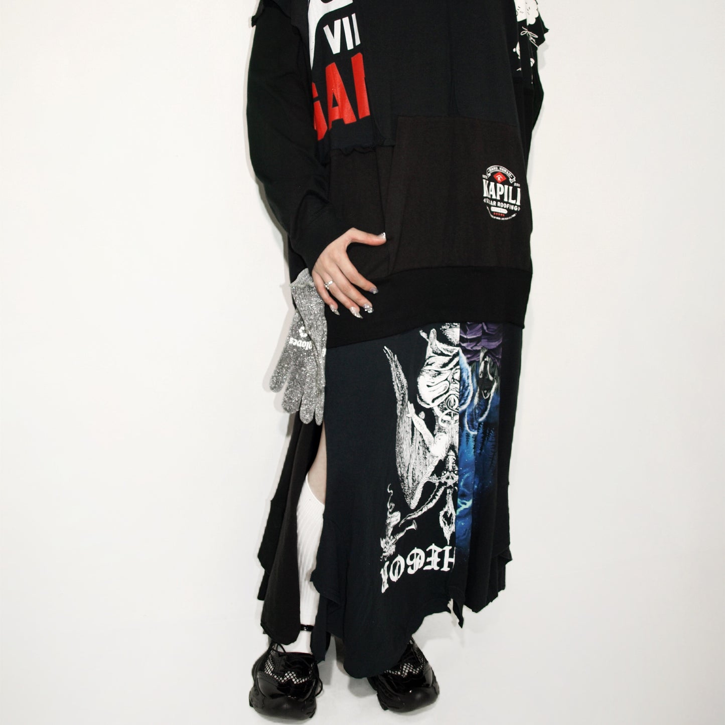 GLOVE-TROTTING RECONSTRUCTED DRESS / BLACK / Tシャツ構築レイヤードドレス