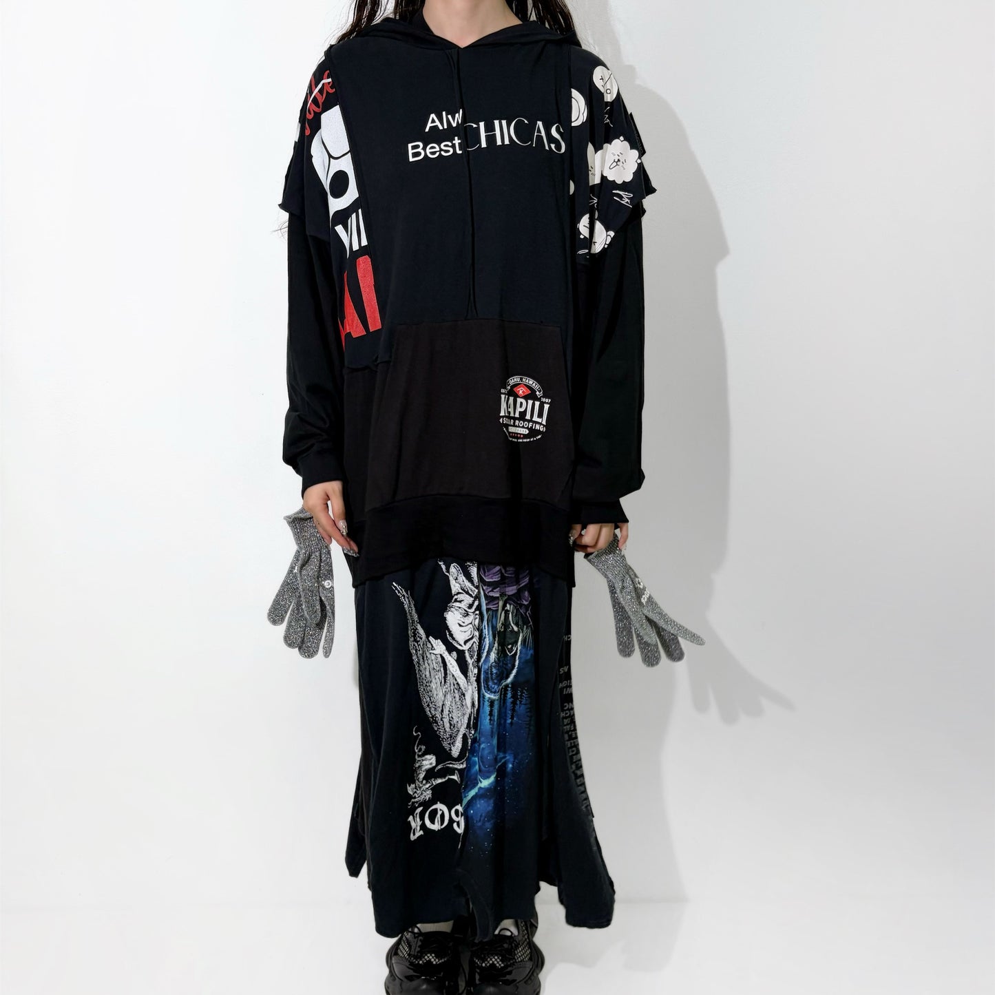 GLOVE-TROTTING RECONSTRUCTED DRESS / BLACK / Tシャツ構築レイヤードドレス
