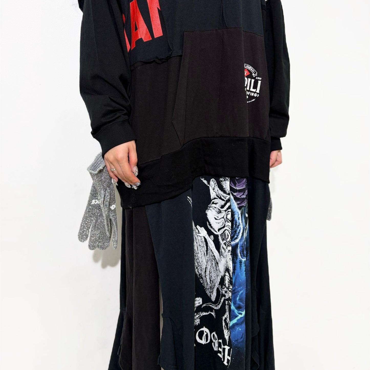 GLOVE-TROTTING RECONSTRUCTED DRESS / BLACK / Tシャツ構築レイヤードドレス