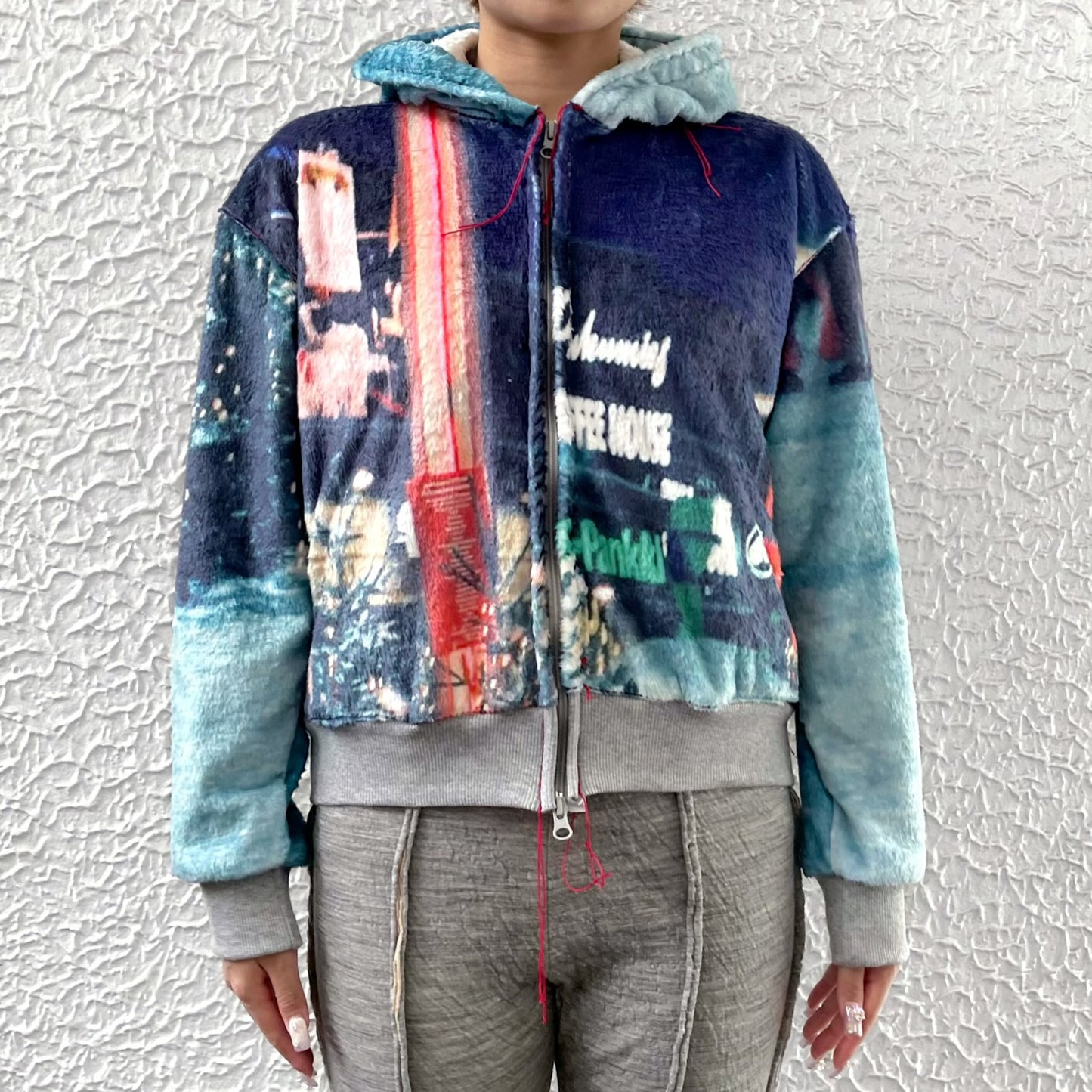 print fur zip up hoodie / snow / プリントファー ジップアップフーディ