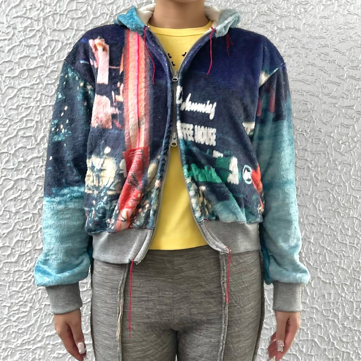 print fur zip up hoodie / snow / プリントファー ジップアップフーディ