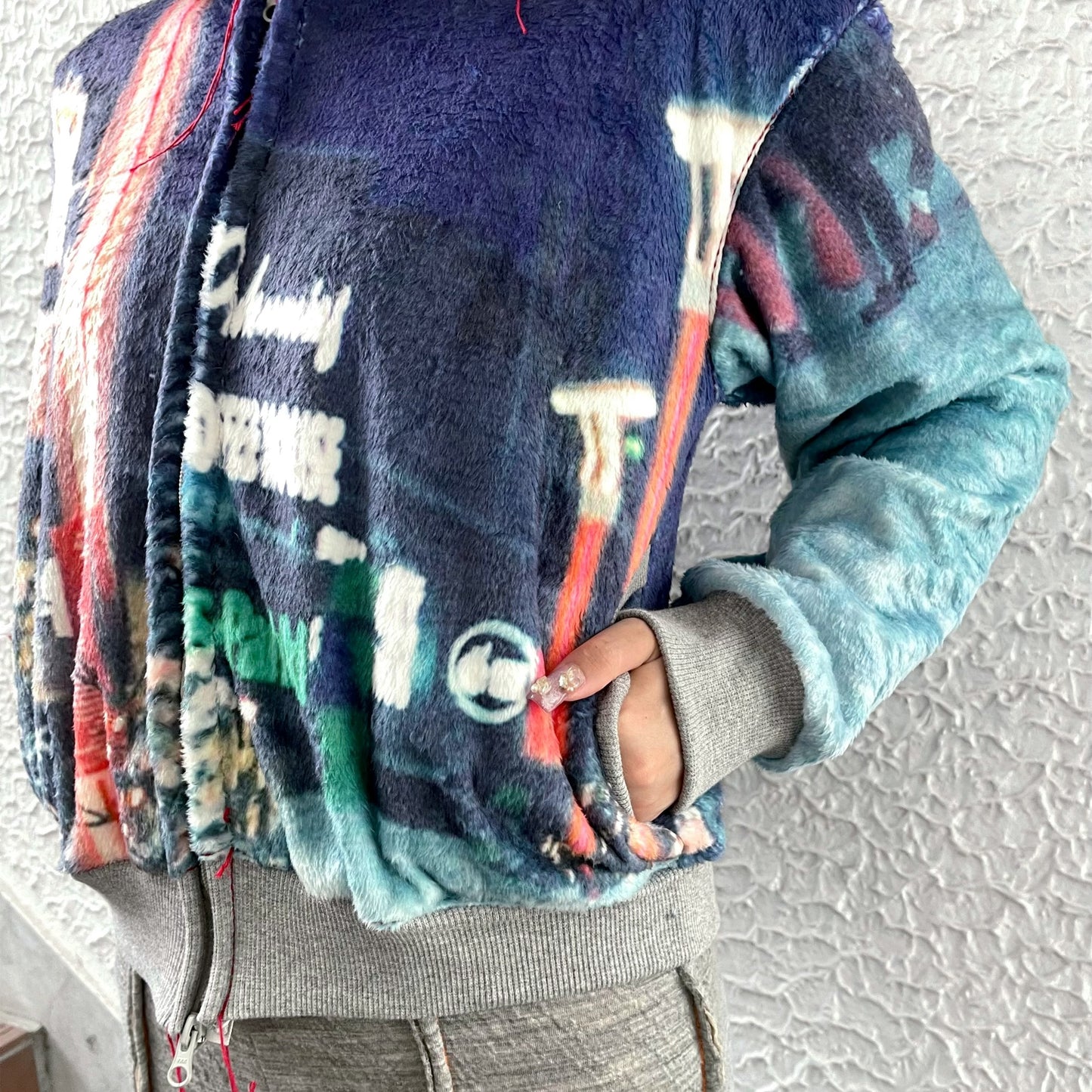 print fur zip up hoodie / snow / プリントファー ジップアップフーディ