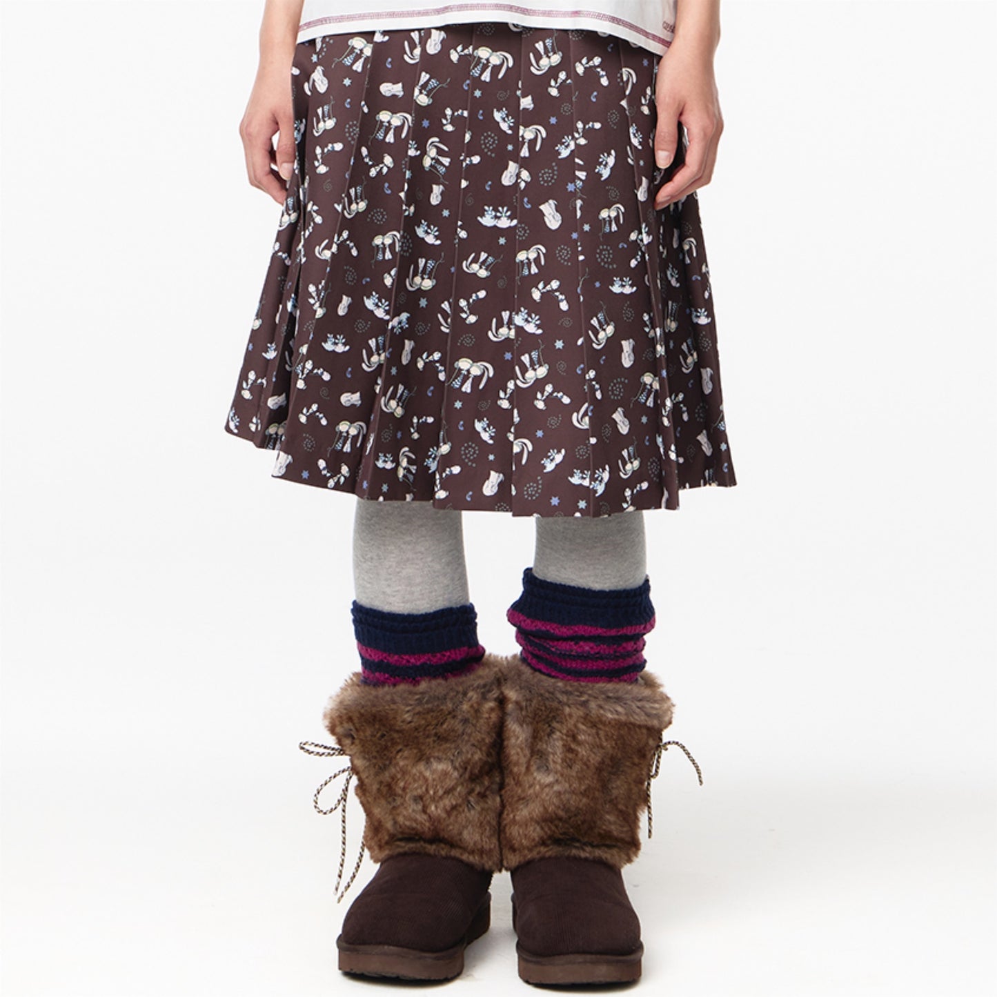 TEJI TWO-TONE PATTERN PLEATS SKIRT / BROWN / パターンプリーツスカート