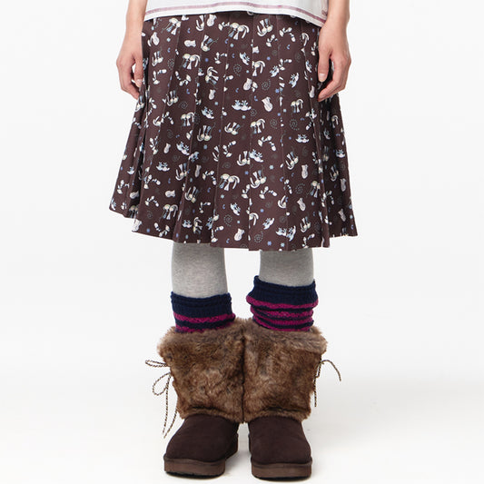 TEJI TWO-TONE PATTERN PLEATS SKIRT / BROWN / パターンプリーツスカート