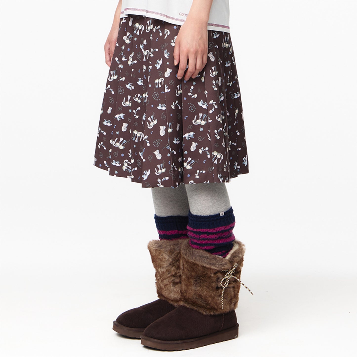 TEJI TWO-TONE PATTERN PLEATS SKIRT / BROWN / パターンプリーツスカート