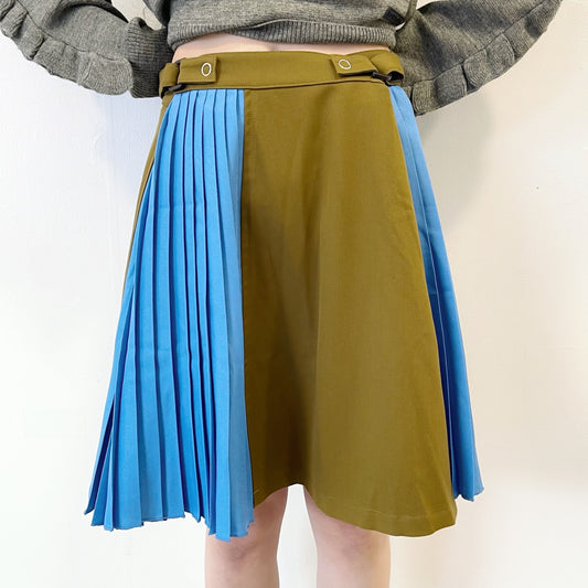 ADUSTER PLEATS MINI SKIRT / MUSTARD x LIGHT BLUE / アジャスタープリーツミニスカート