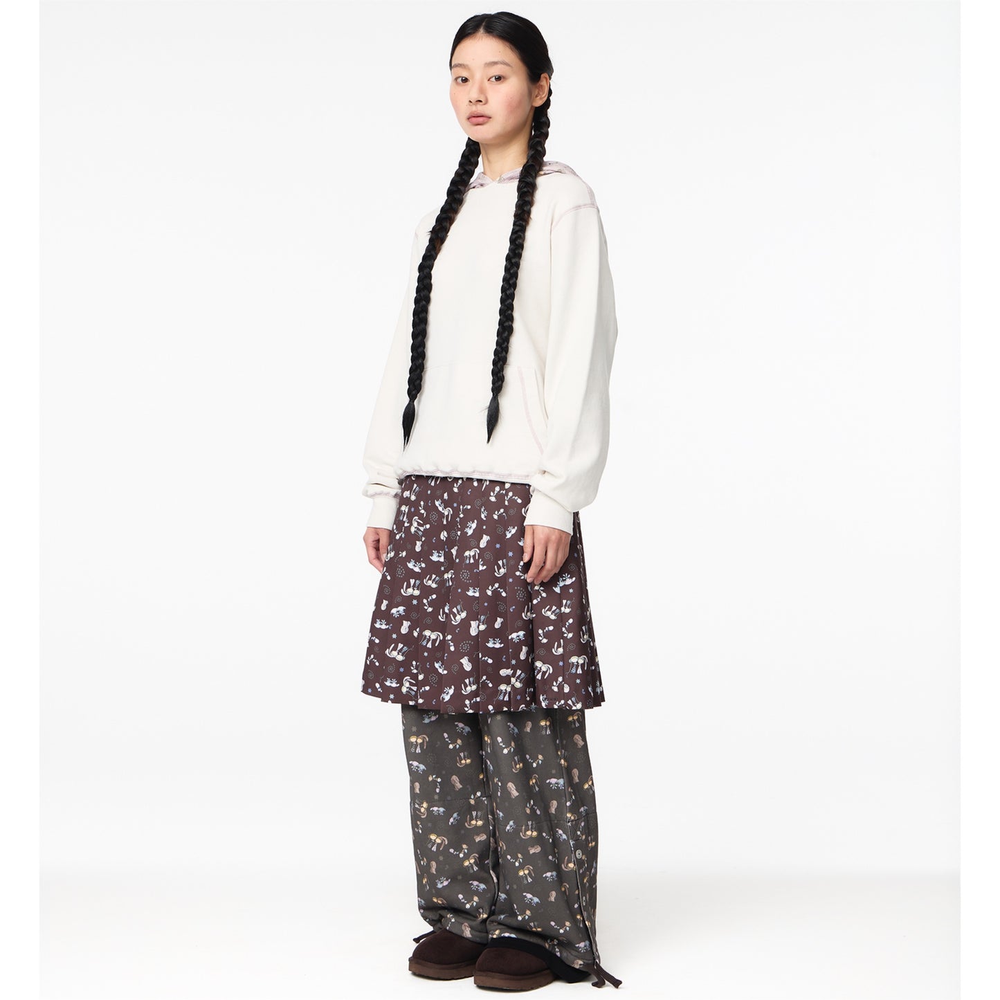 TEJI TWO-TONE PATTERN PLEATS SKIRT / BROWN / パターンプリーツスカート