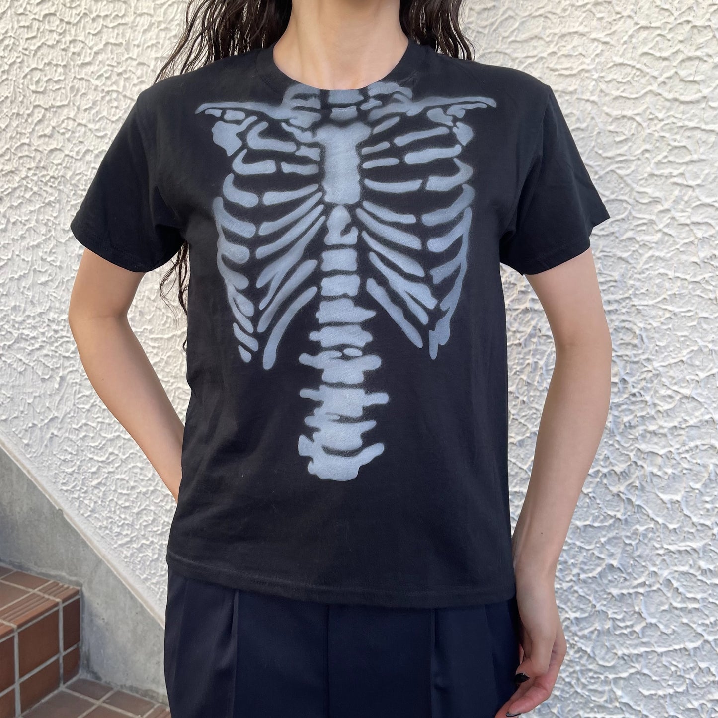 Black skeleton tee M / エアブラシTシャツ