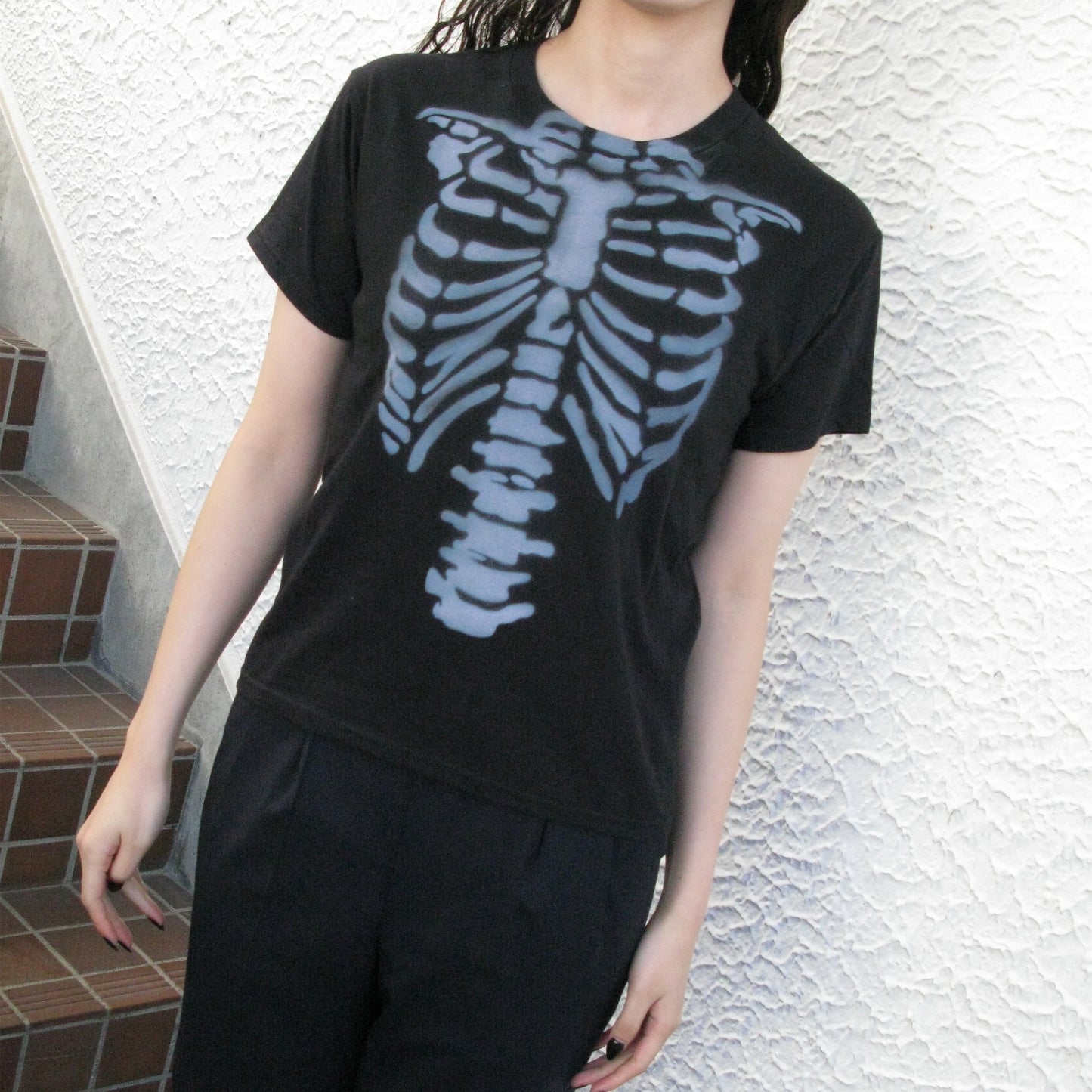 Black skeleton tee M / エアブラシTシャツ