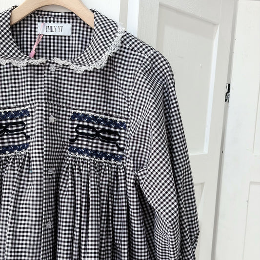 Smocking ribbon blouse / Navy / スモッキングリボンブラウス