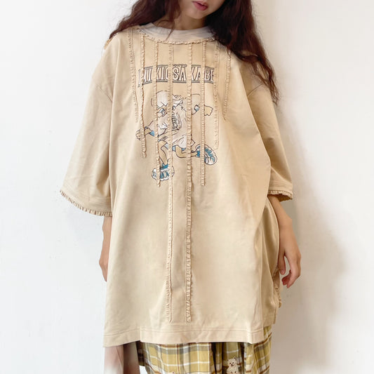 WASHED RUNNER T-SHIRT / BEIGE / ウォッシュ加工フリルTシャツ