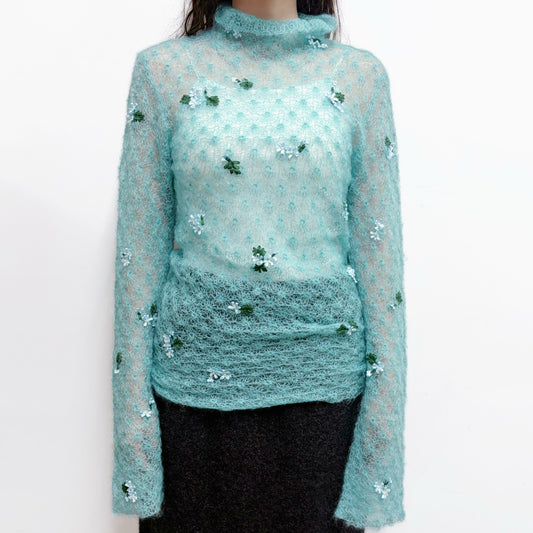 ribbon-stitched sweater / turquoise / リボン刺繍セーター