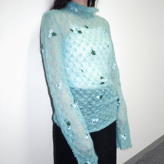 ribbon-stitched sweater / turquoise / リボン刺繍セーター