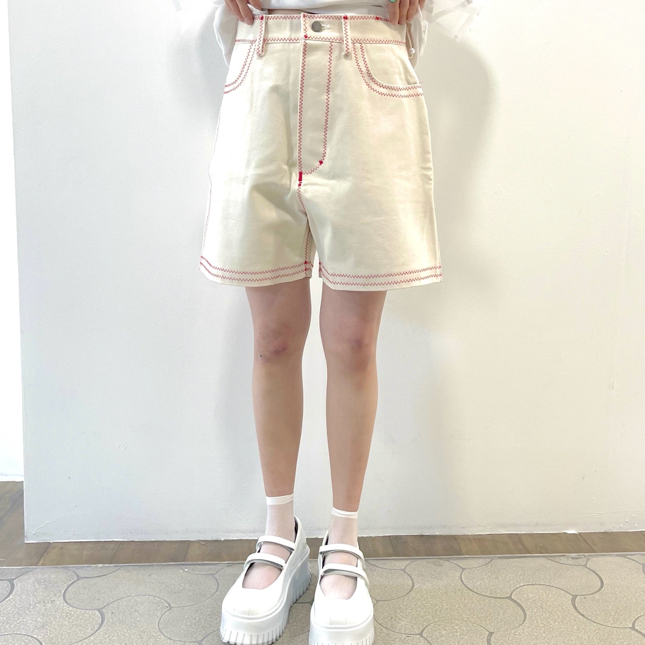 zig zag stitch short pants / off white × red / ステッチショート 