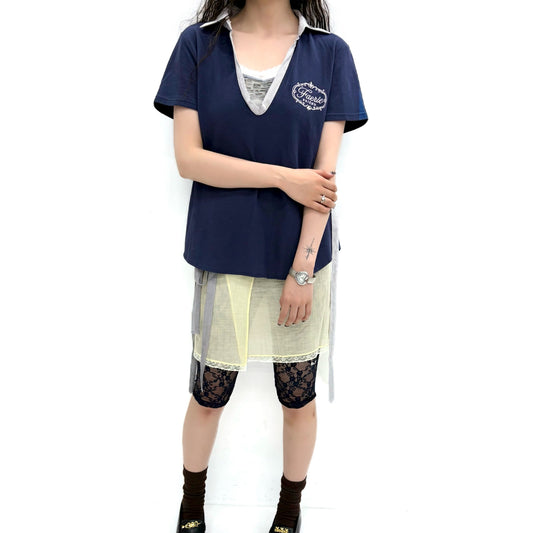 [fa.er.ie] ribbon tie half pk shirt / navy / リボンタイVネックトップ