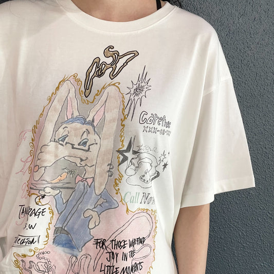 Rabbit Ruched Top / White / ラビットプリントトップ