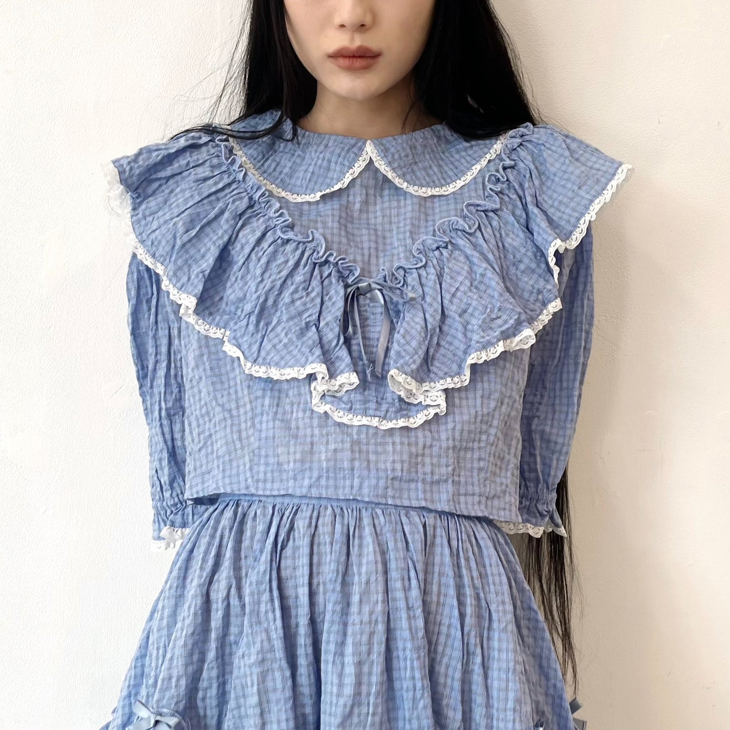 SHORT COTTON BLOUSE / BLUE / ショートフリルブラウス