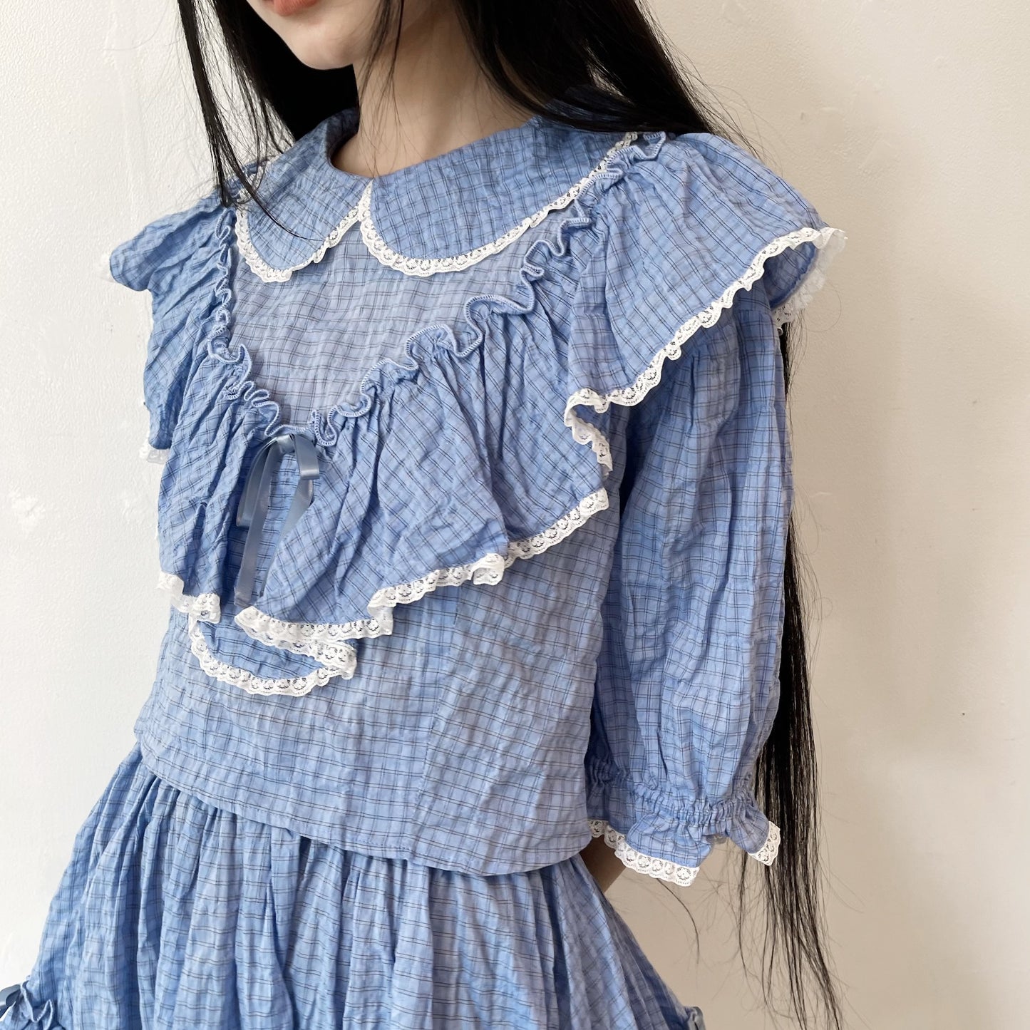 SHORT COTTON BLOUSE / BLUE / ショートフリルブラウス