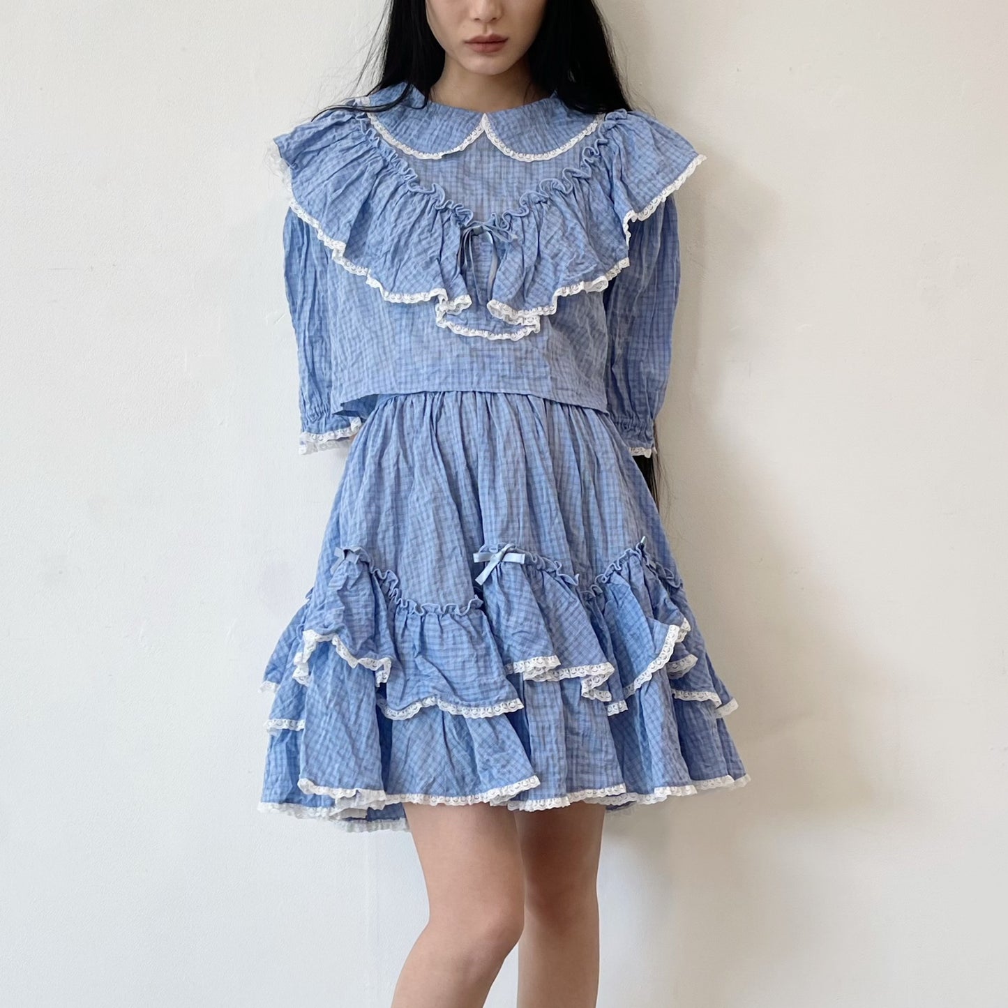 SHORT COTTON BLOUSE / BLUE / ショートフリルブラウス